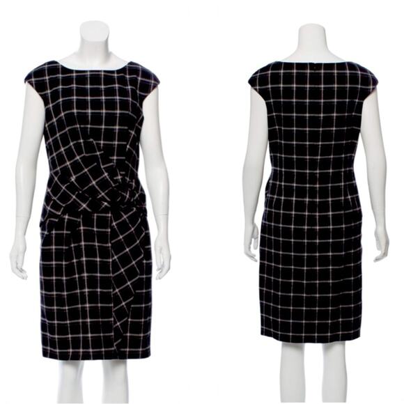 David Meister Black Plaid Cap Sleeve Sheath Dress 8 M Scoop Neck Career Work - Picture 10 of 11